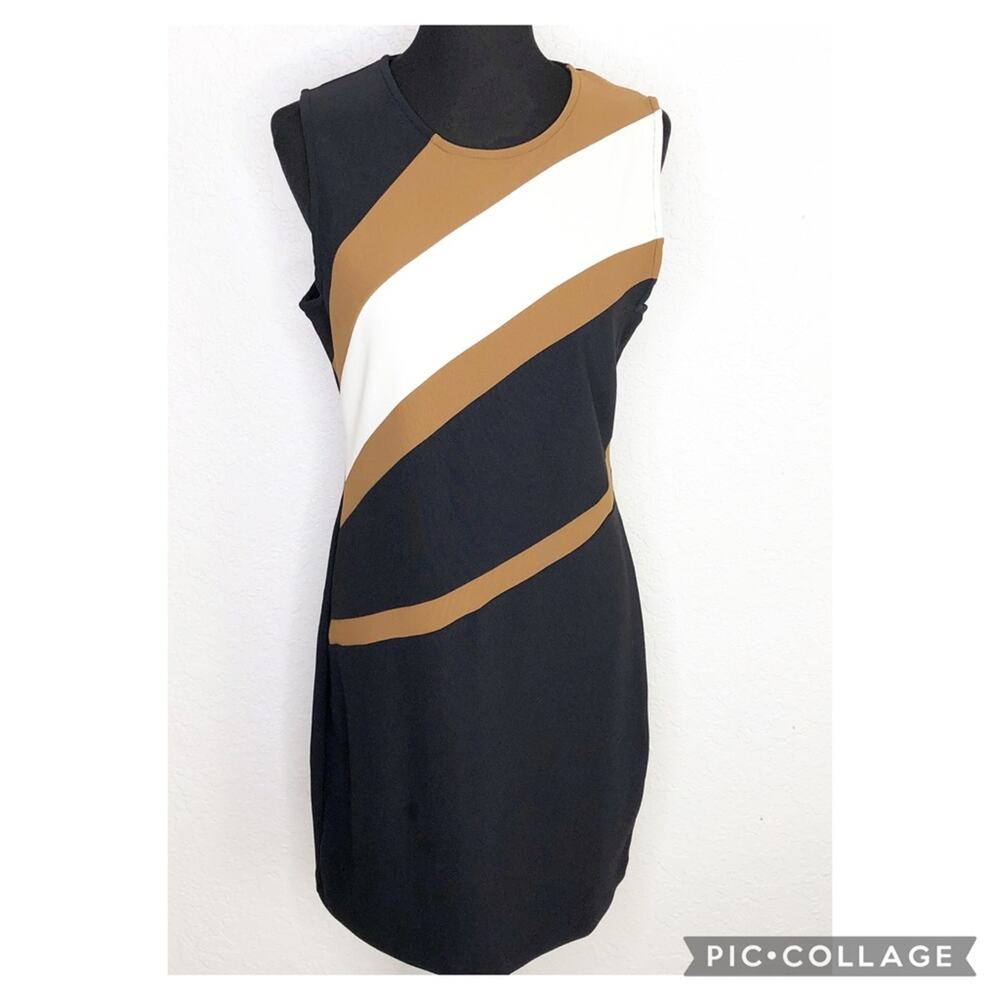 Boston Proper‎ black white caramel brown stripe sleeveless sheath dress Medium